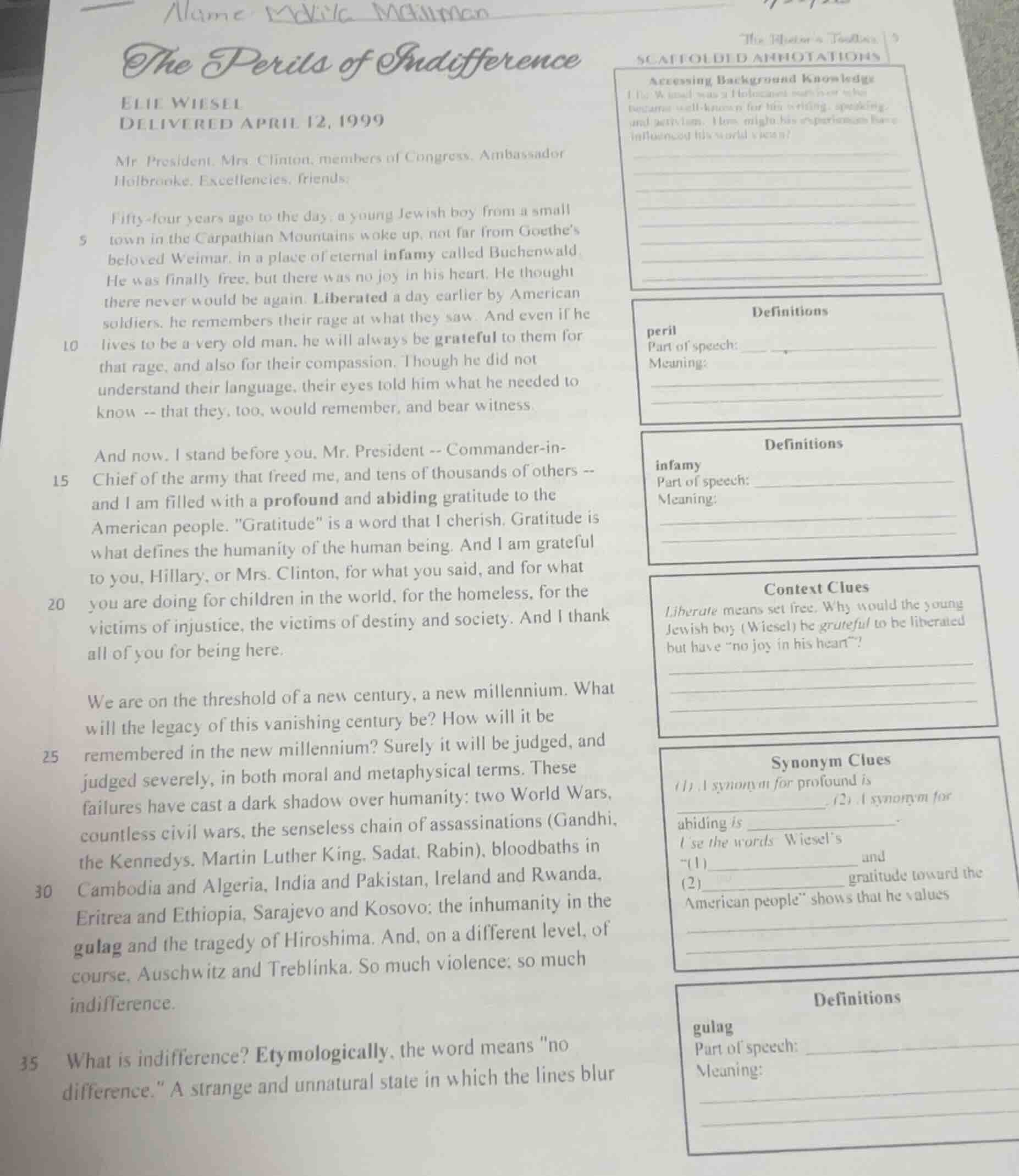 the perils of indifference elie wiesel delivered april 12, 1999 mr pres…