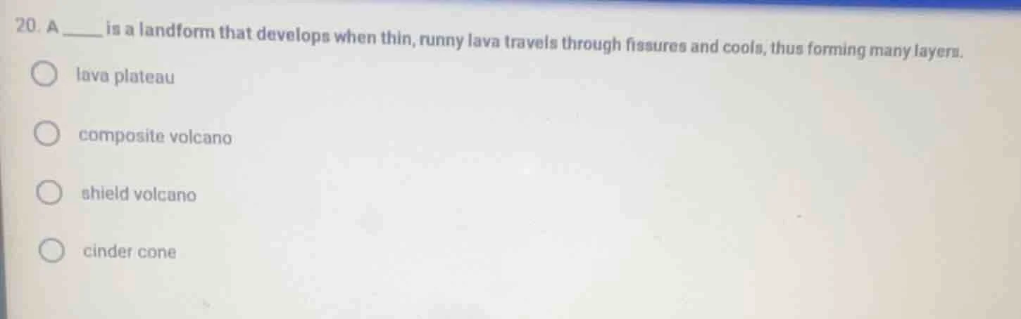 20. a ____ is a landform that develops when thin, runny lava travels th…