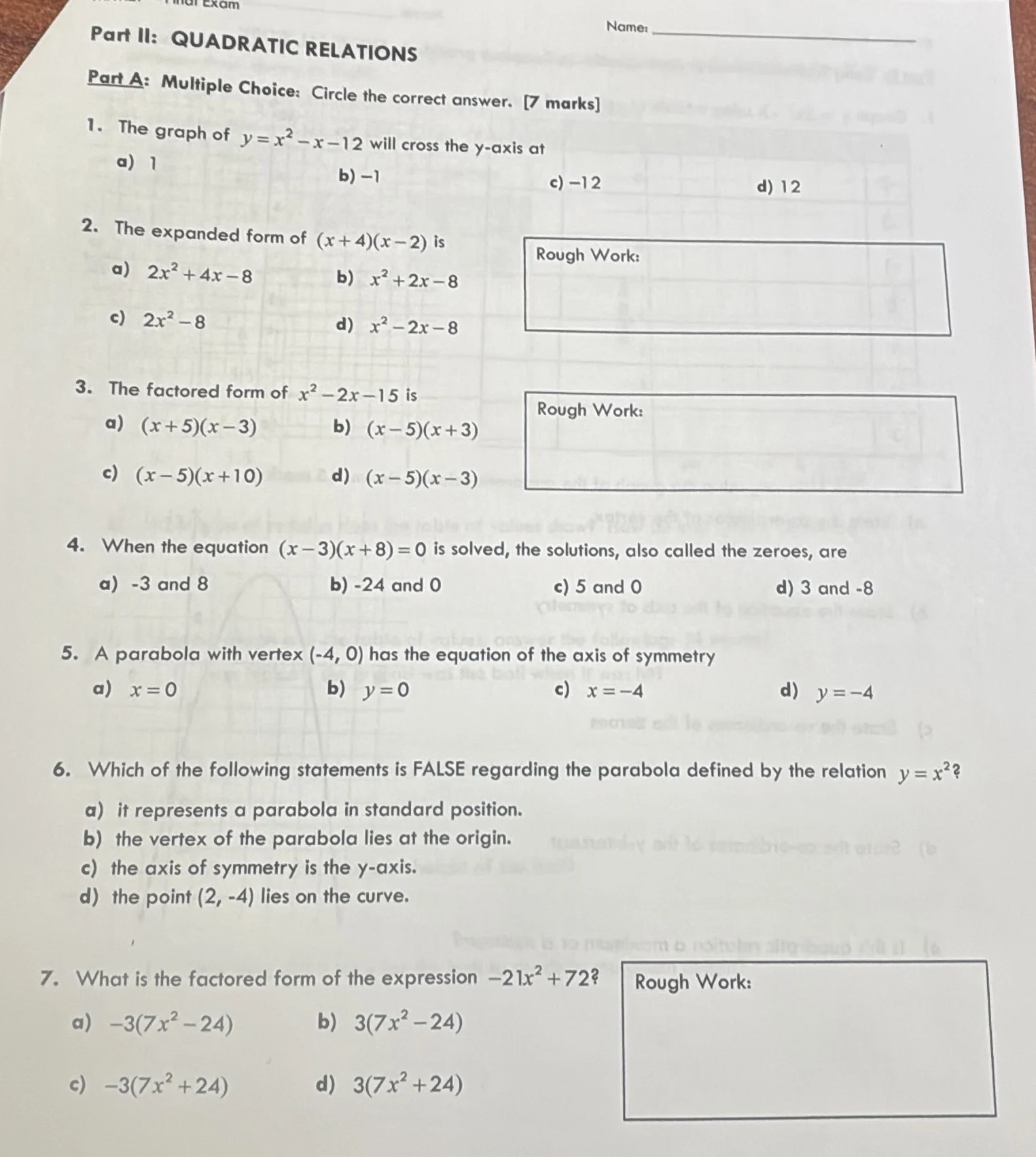 part ii: quadratic relations part a: multiple choice: circle the correc…