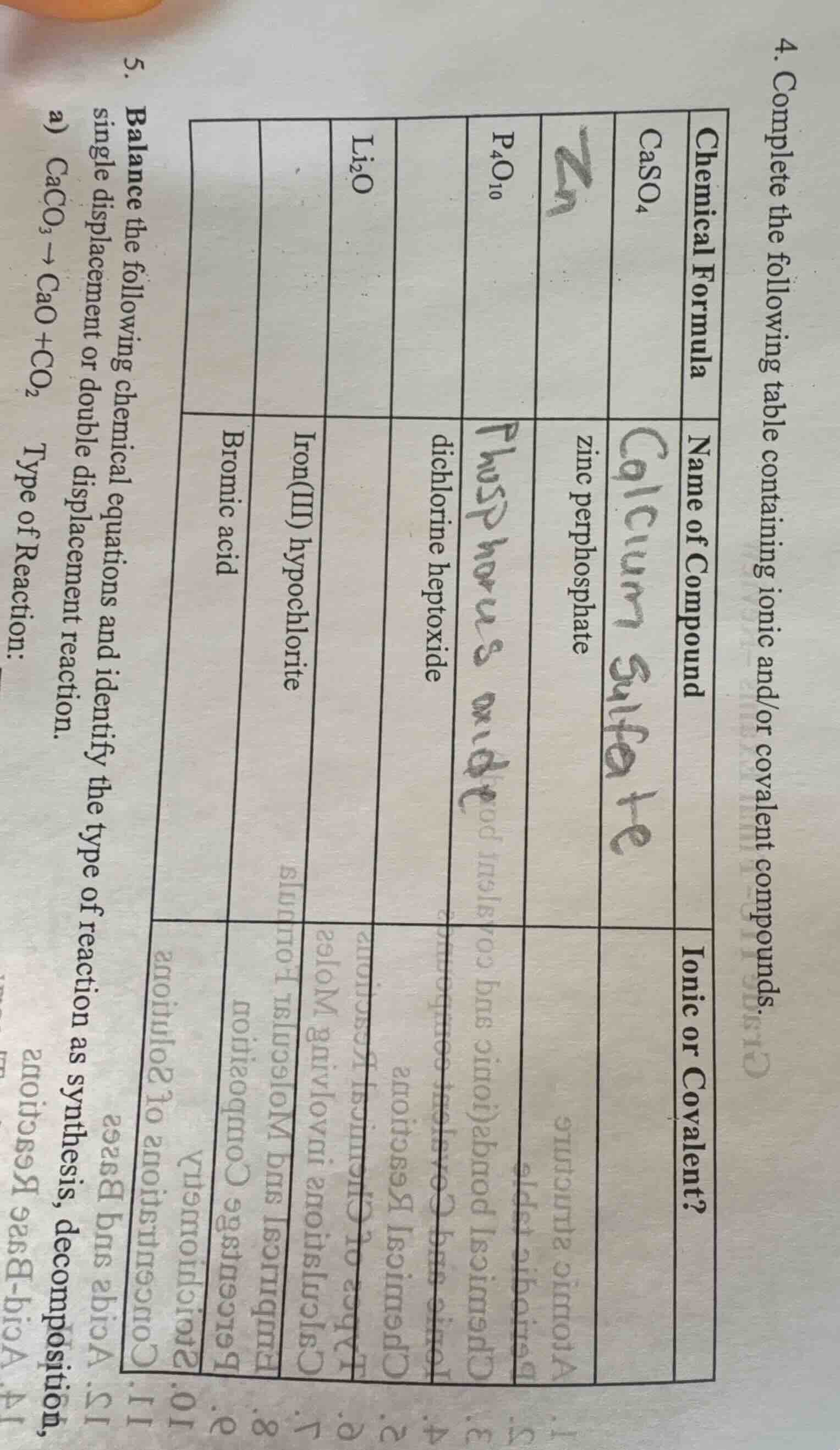 4. complete the following table containing ionic and/or covalent compou…