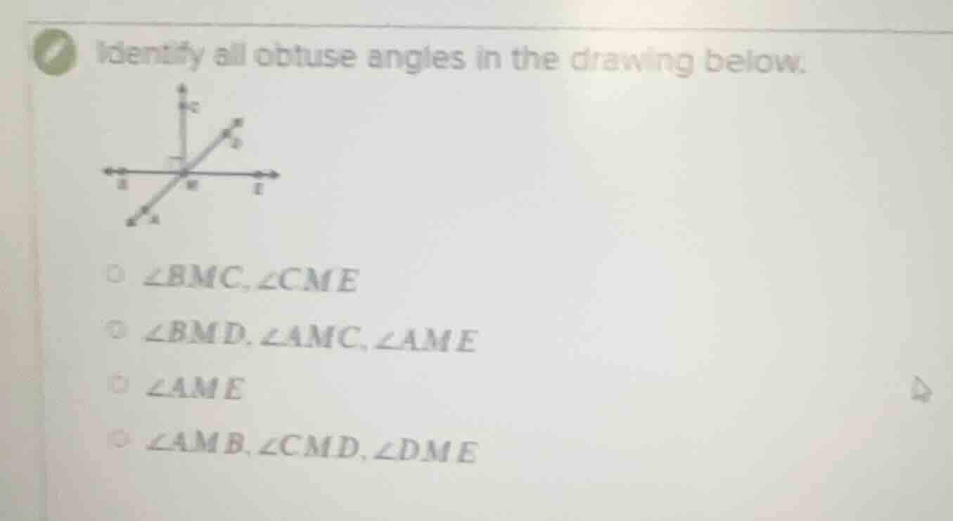 identify all obtuse angles in the drawing below. options: ∠bmc, ∠cme ∠b…