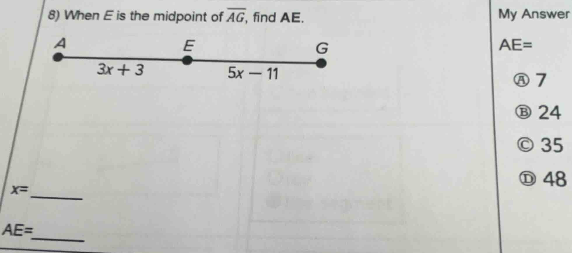 8) when e is the midpoint of \\(\\overline{ag}\\), find ae. a ----e ---…