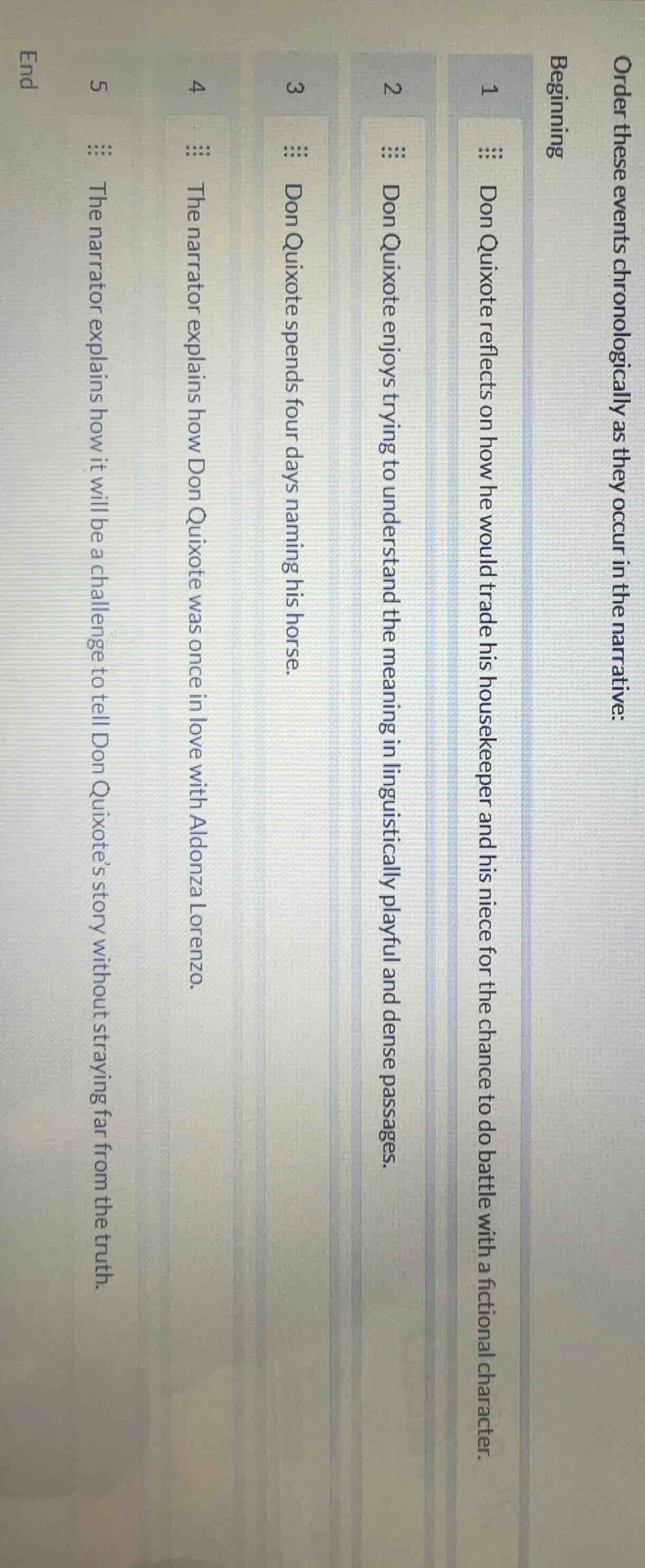 order these events chronologically as they occur in the narrative: begi…