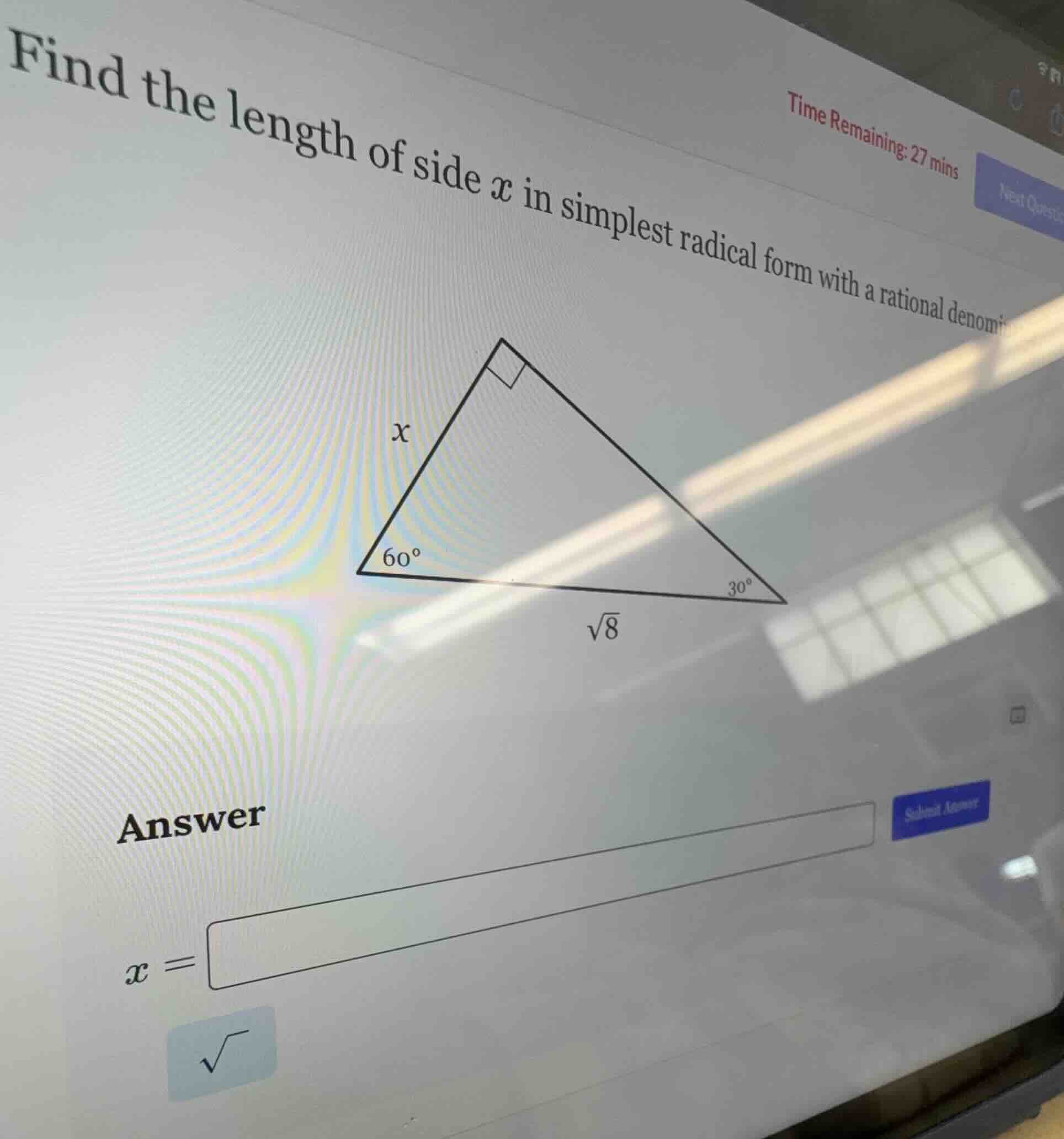 find the length of side ( x ) in simplest radical form with a rational …