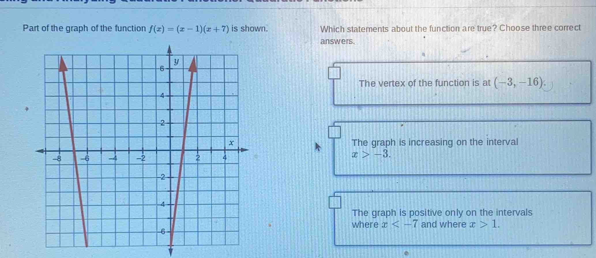part of the graph of the function $f(x) = (x - 1)(x + 7)$ is shown. whi…