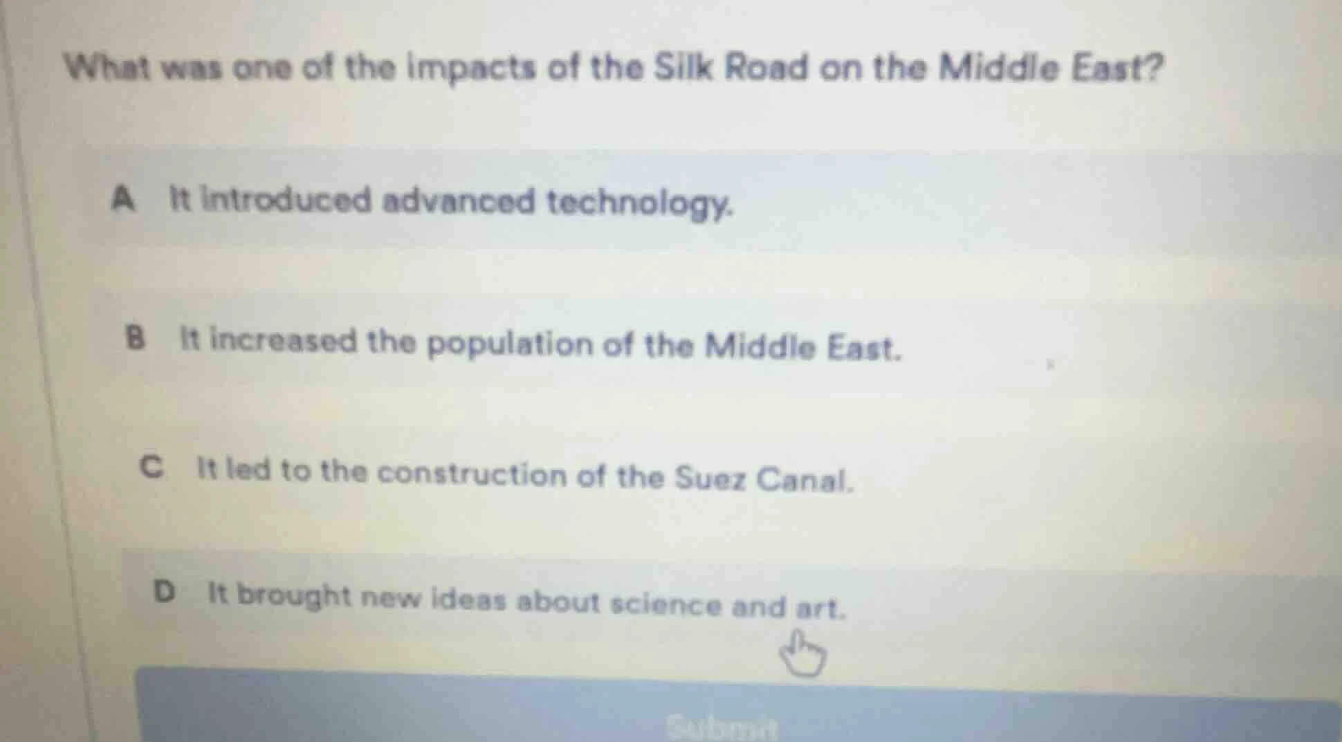 what was one of the impacts of the silk road on the middle east? a it i…
