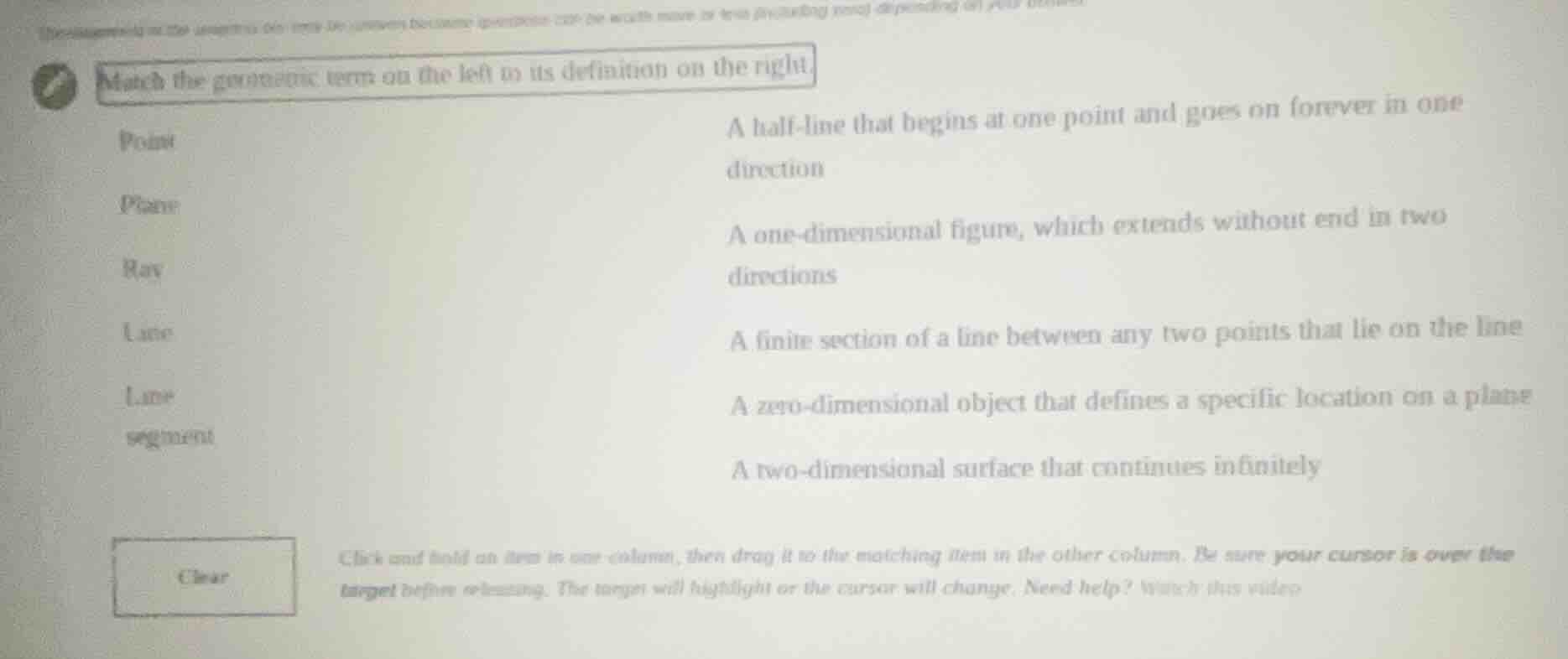 match the geometric term on the left to its definition on the right. po…