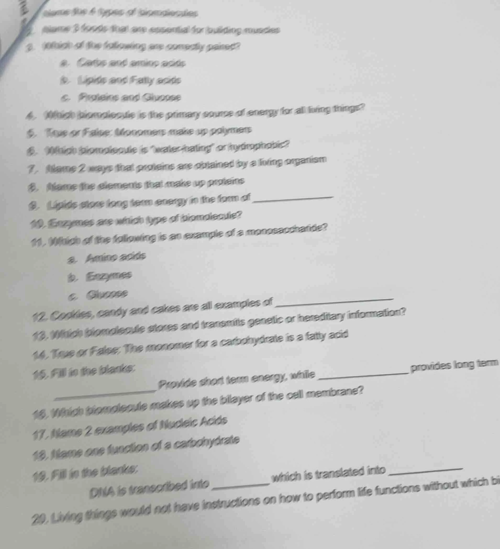 name the 4 types of biomolecules 2. name 3 foods that are essential for…