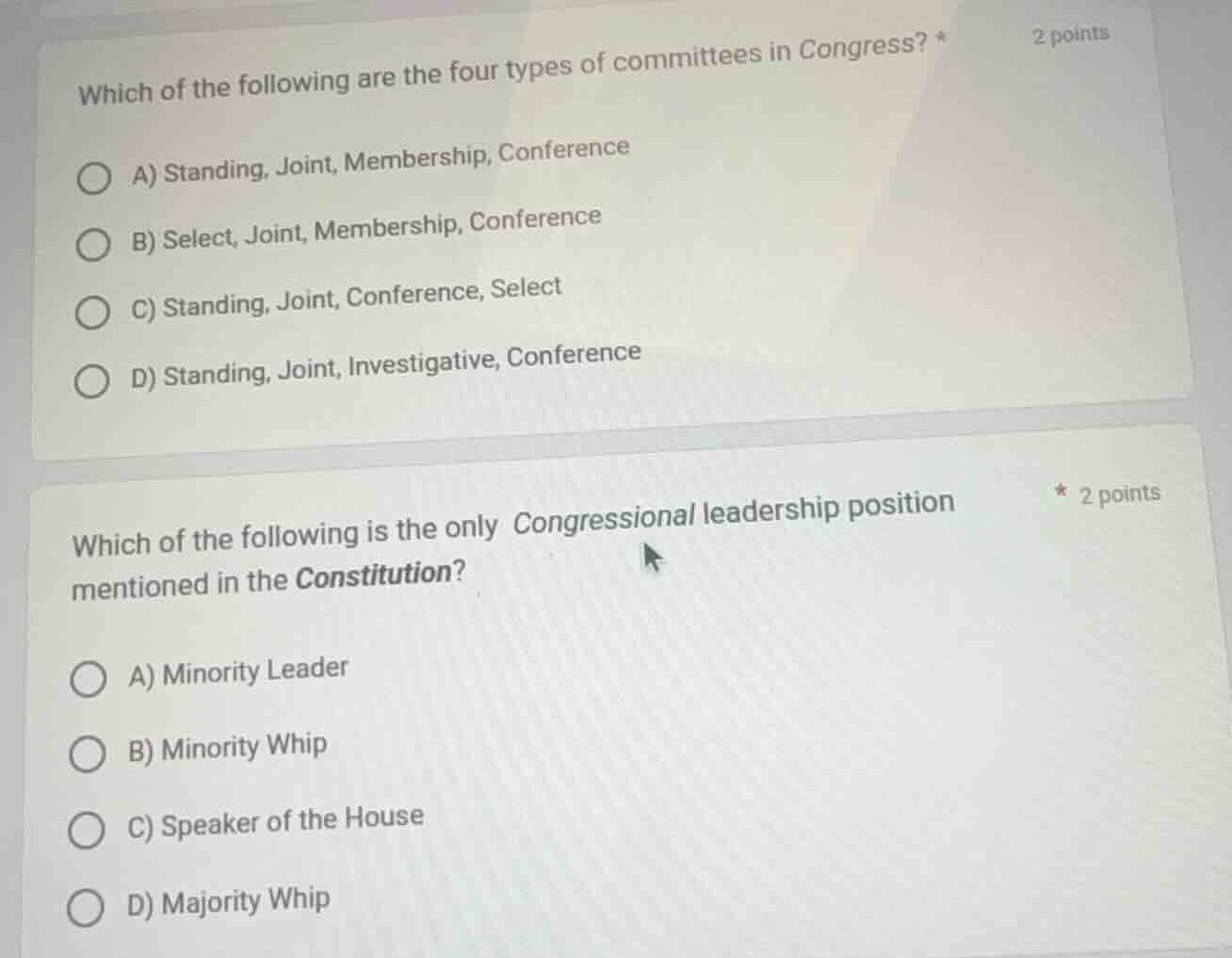 which of the following are the four types of committees in congress? * …