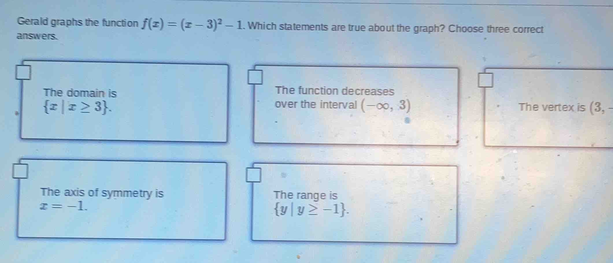 gerald graphs the function $f(x) = (x - 3)^2 - 1$. which statements are…