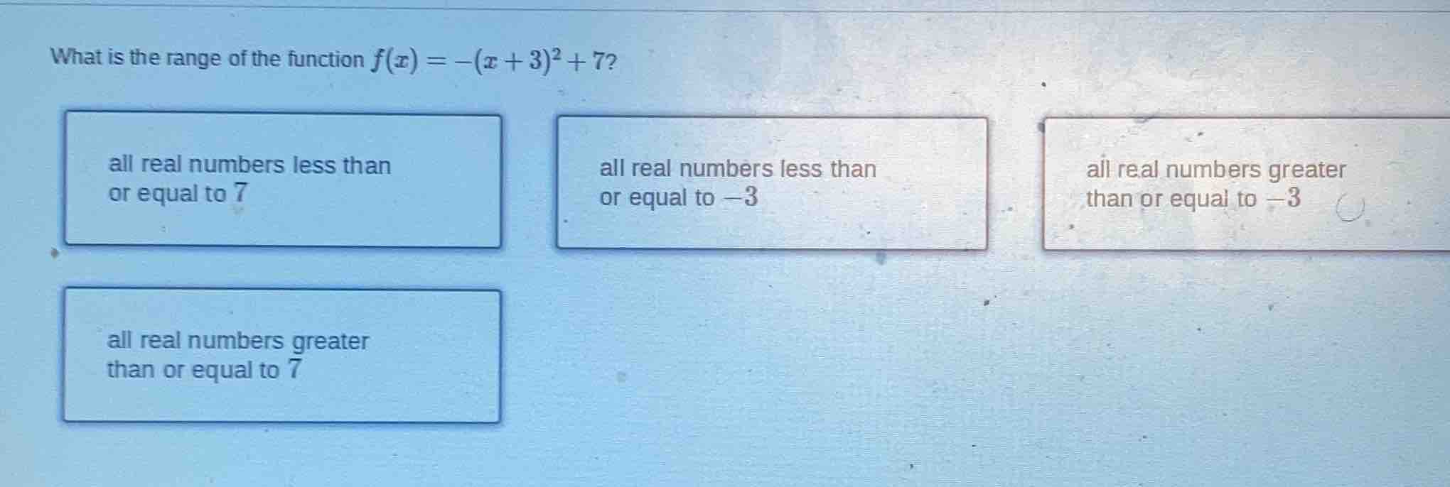what is the range of the function $f(x) = -(x + 3)^2 + 7$? all real num…