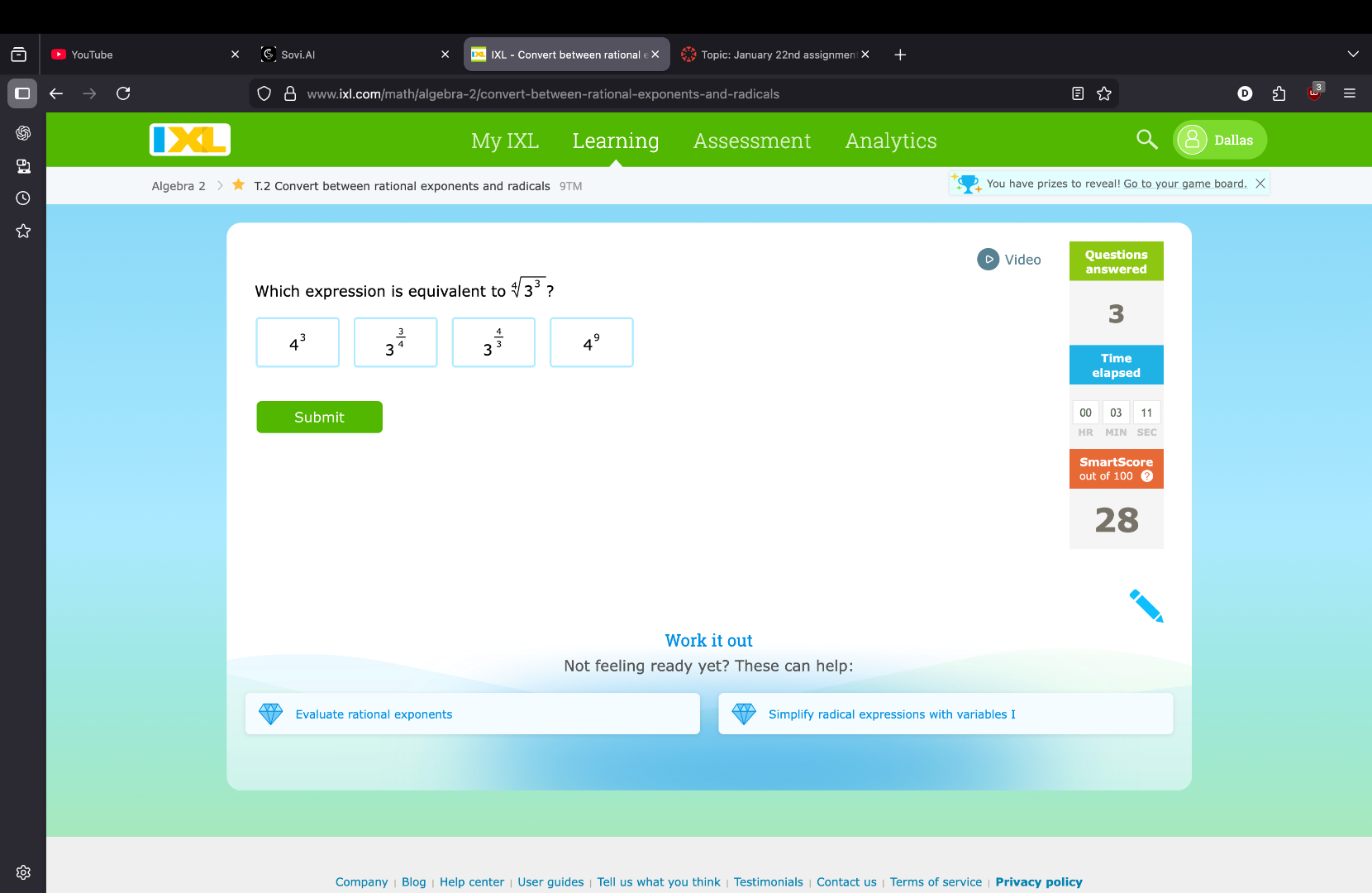 which expression is equivalent to \\(sqrt4{3^{3}}\\)? \\(4^{3}\\) \\(3^…