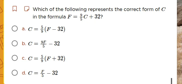 which of the following represents the correct form of c in the formula …