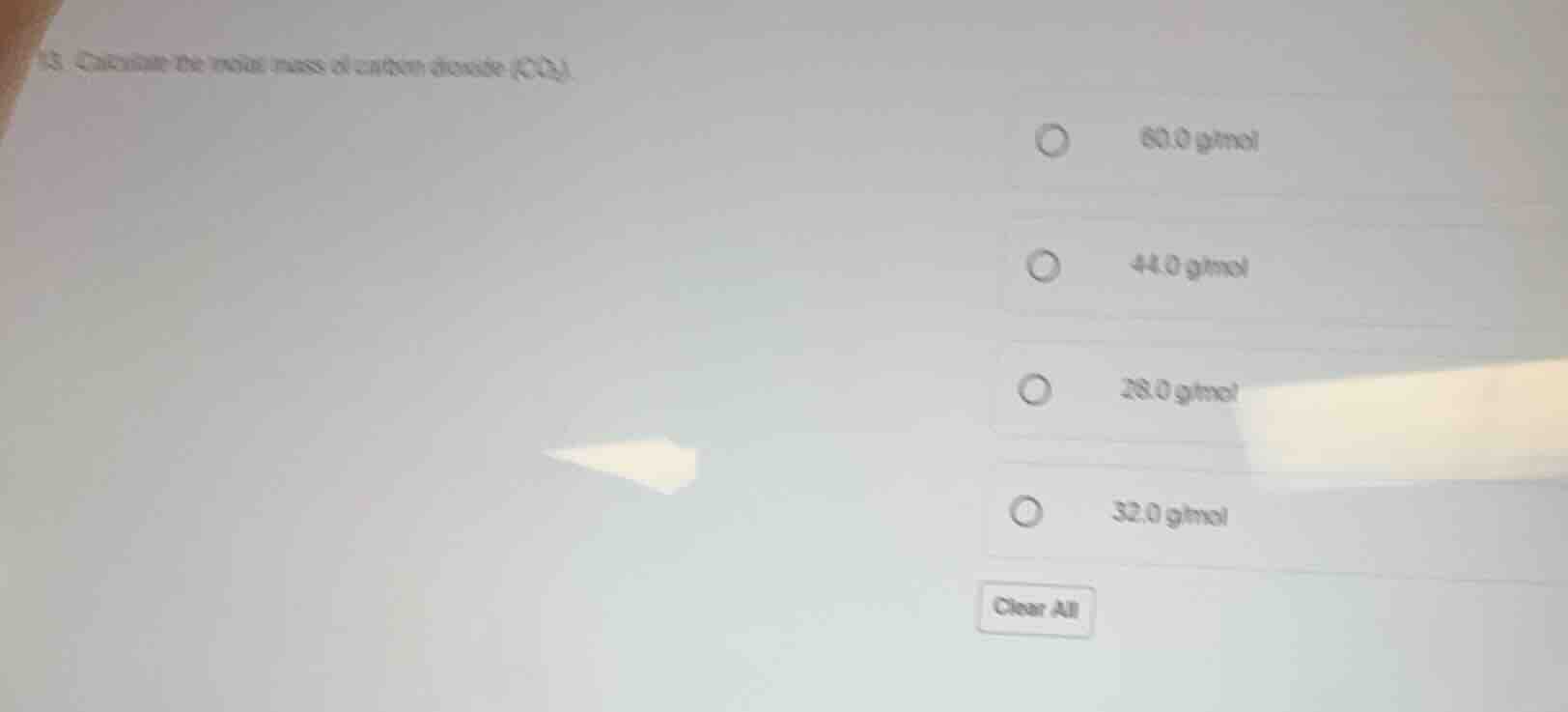 13. calculate the molar mass of carbon dioxide (co₂). 60.0 g/mol 44.0 g…