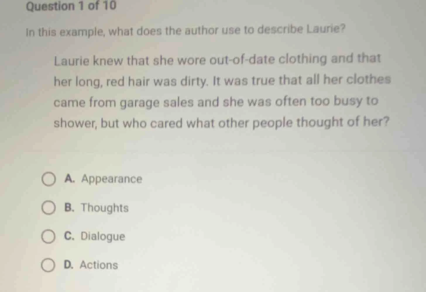 question 1 of 10 in this example, what does the author use to describe …