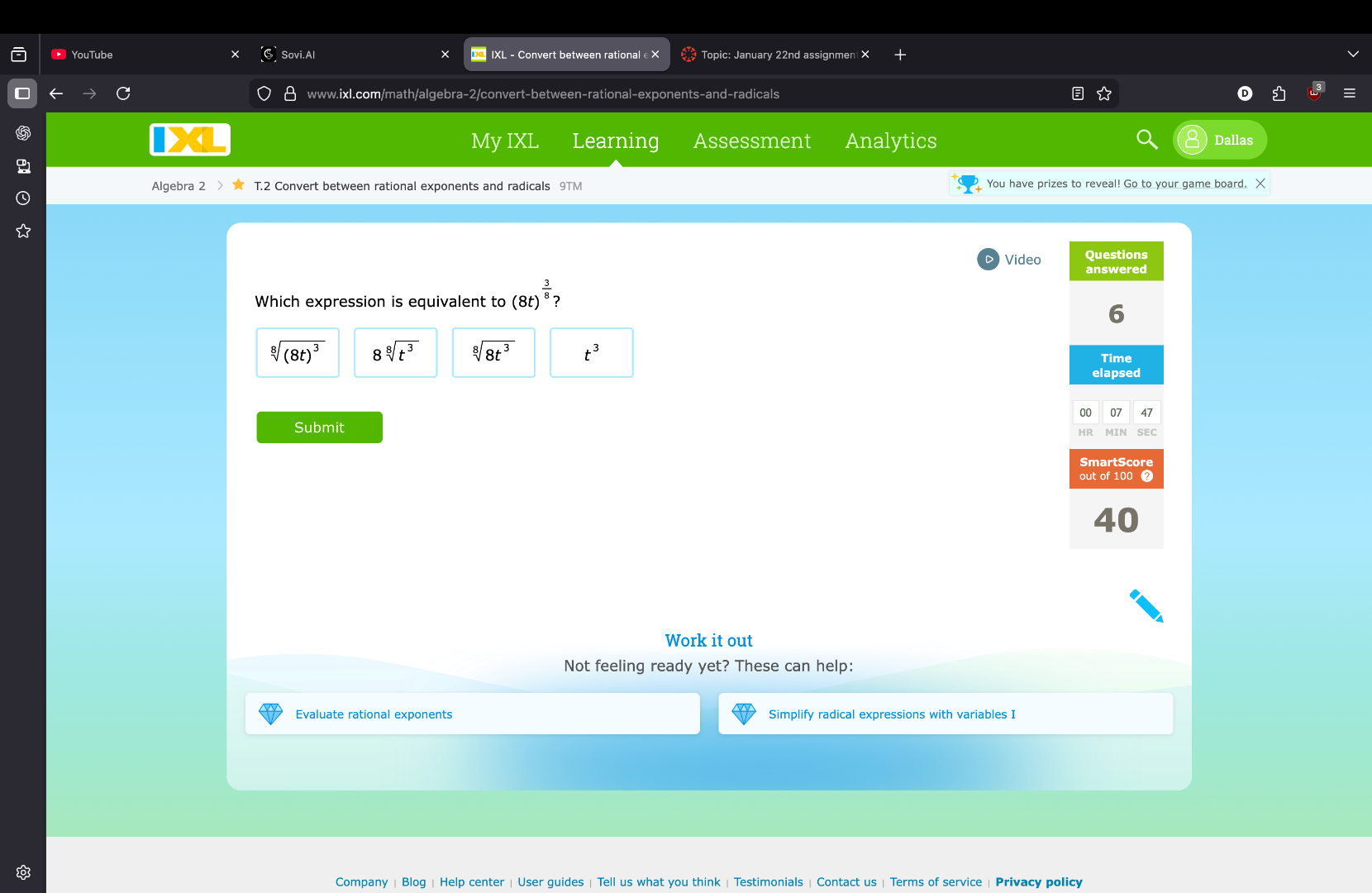 which expression is equivalent to ((8t)^{\frac{3}{8}})? (sqrt8{(8t)^3})…