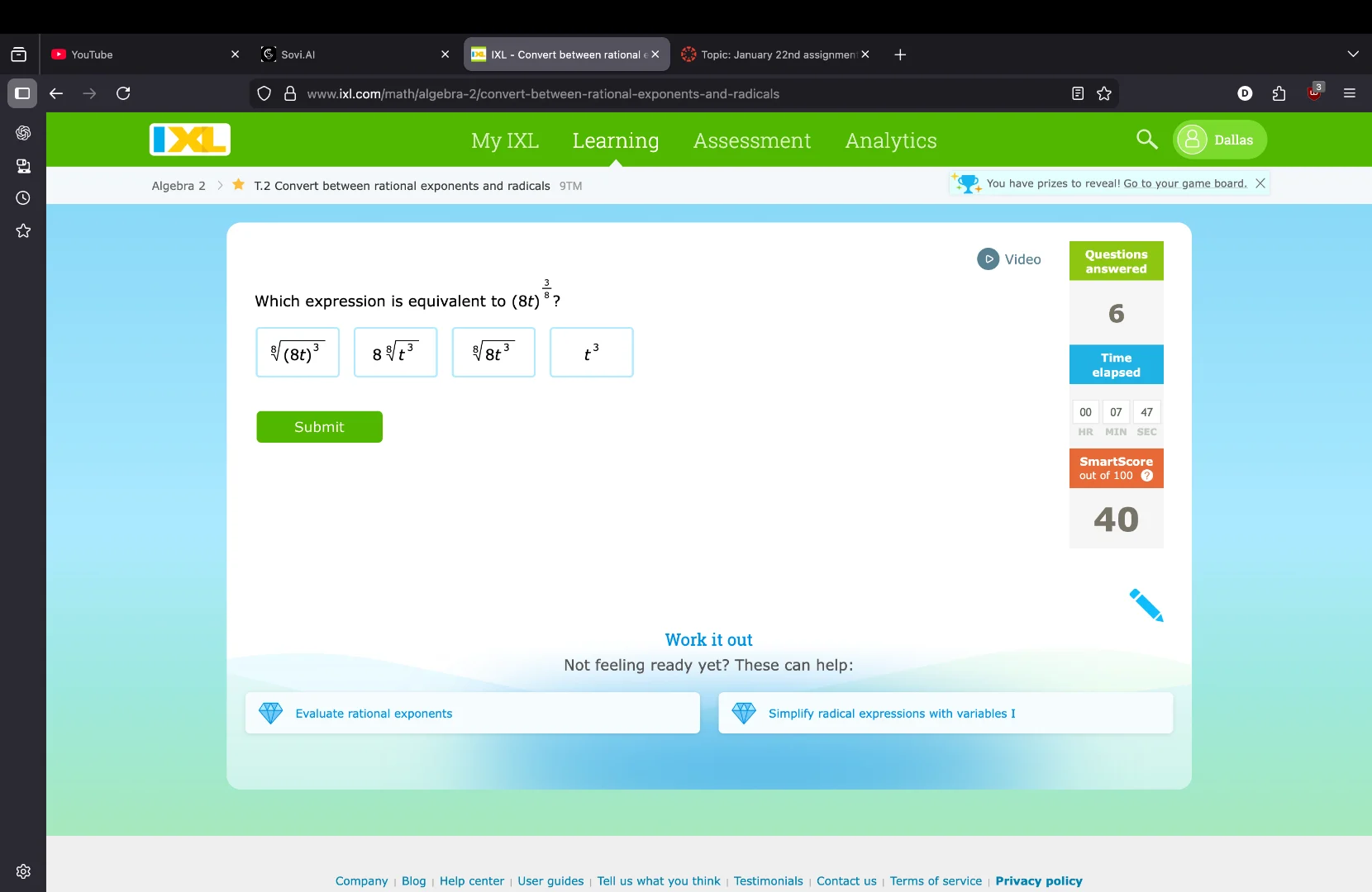 which expression is equivalent to ((8t)^{\frac{3}{8}})? (sqrt8{(8t)^3})…