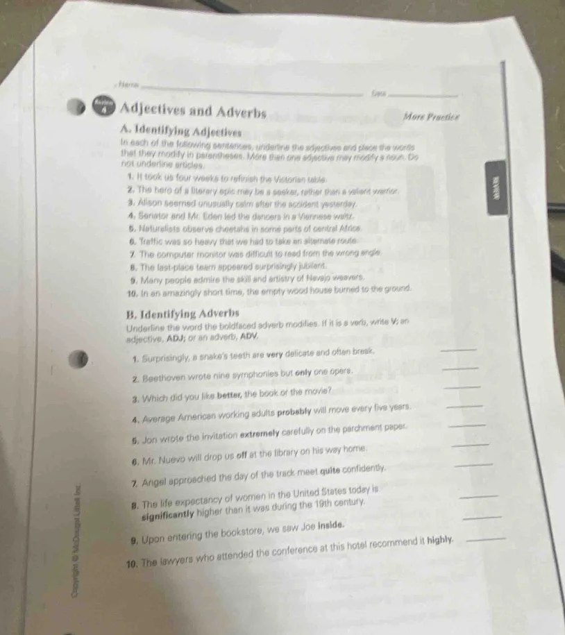 adjectives and adverbs a. identifying adjectives in each of the followi…