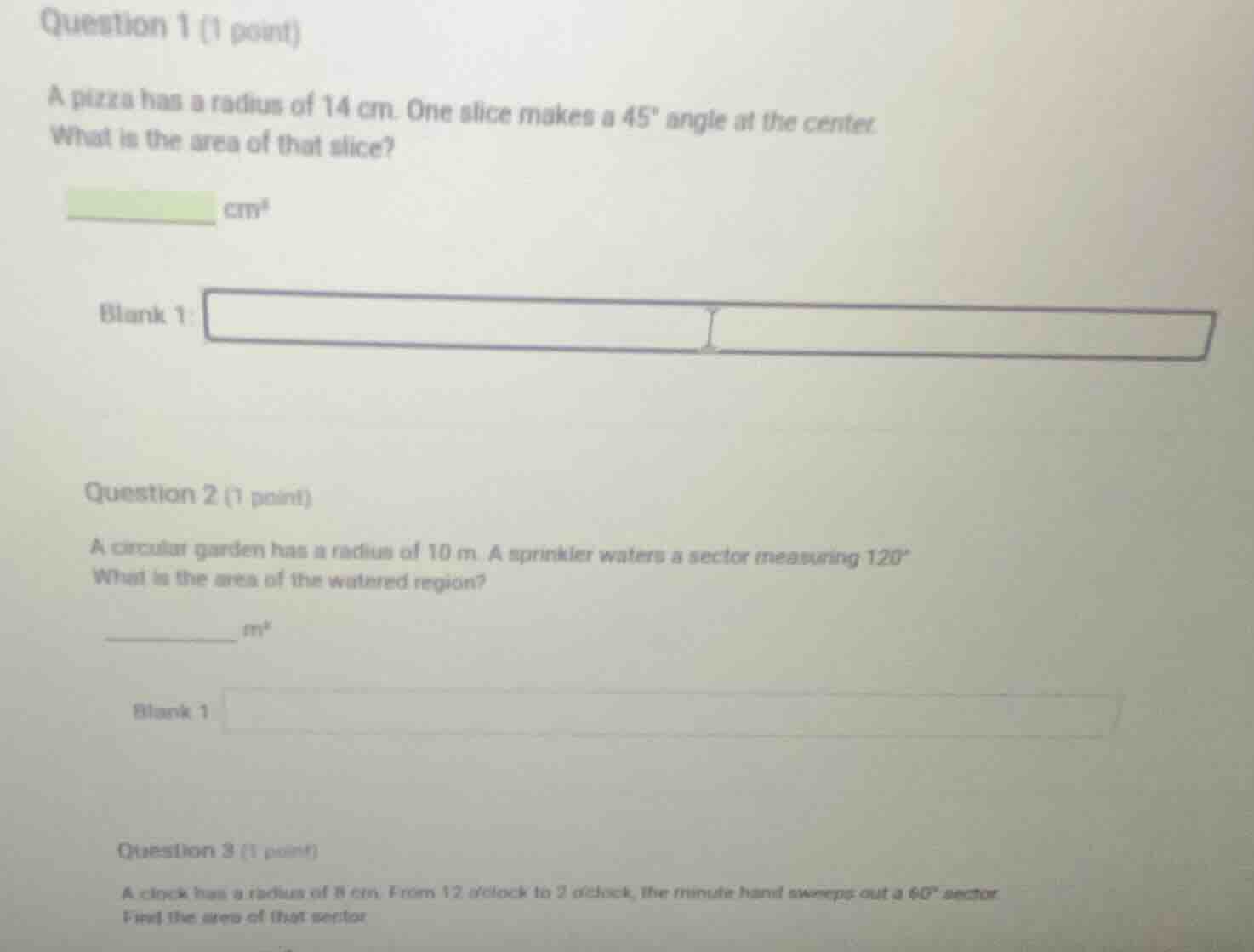 question 1 (1 point) a pizza has a radius of 14 cm. one slice makes a 4…