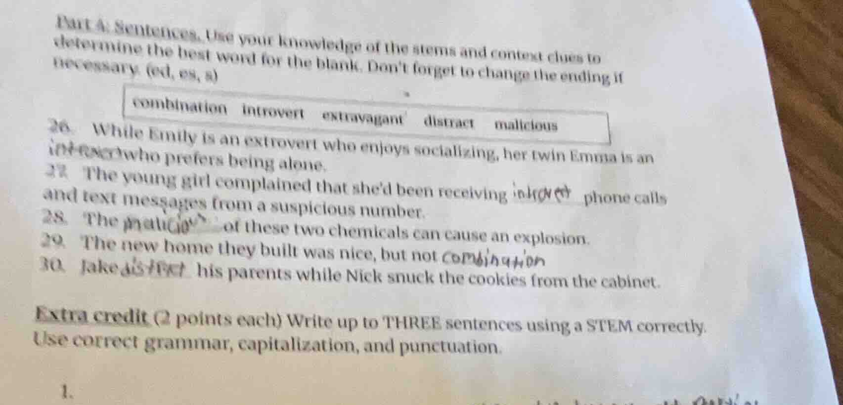 part a: sentences. use your knowledge of the stems and context clues to…