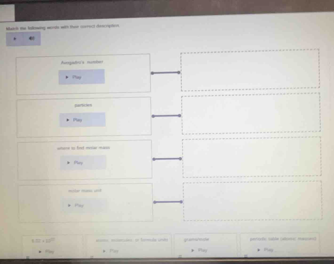 match the following words with their correct description avogadros numb…