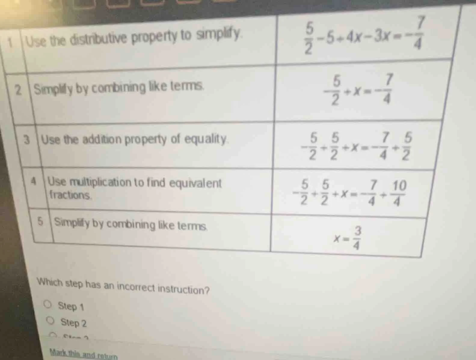 1 use the distributive property to simplify. $\frac{5}{2}-5 + 4x-3x=-\f…