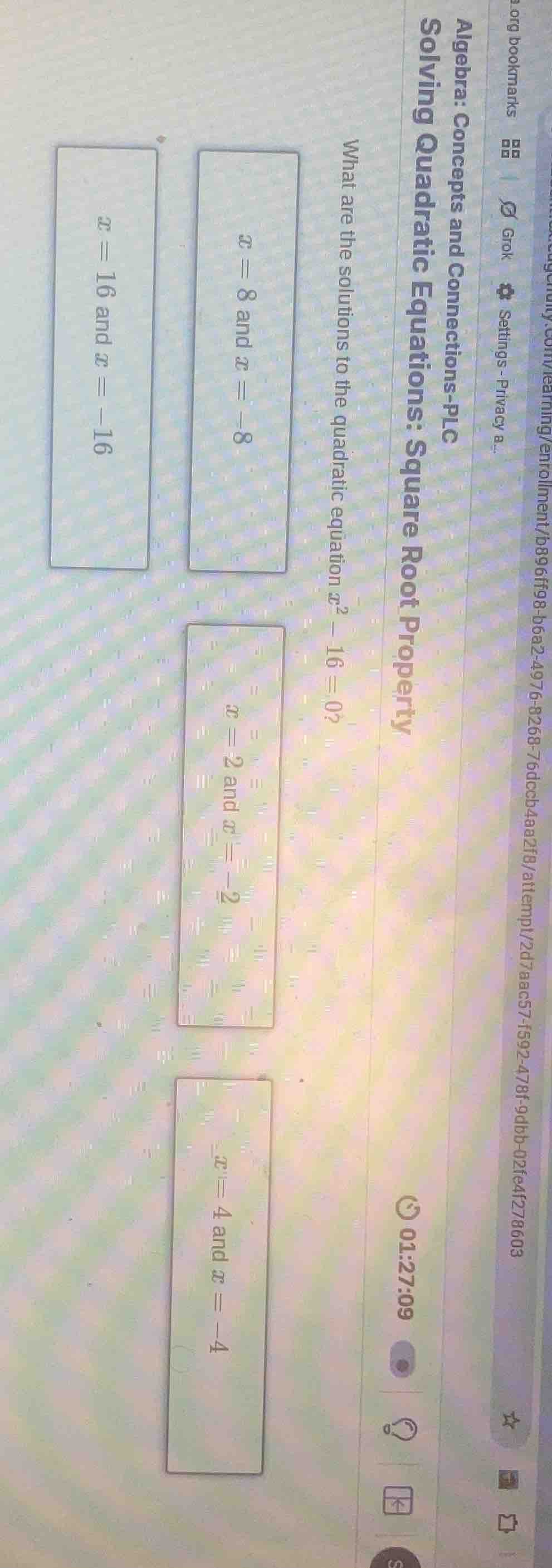 what are the solutions to the quadratic equation ( x^2 - 16 = 0 )? ( x …