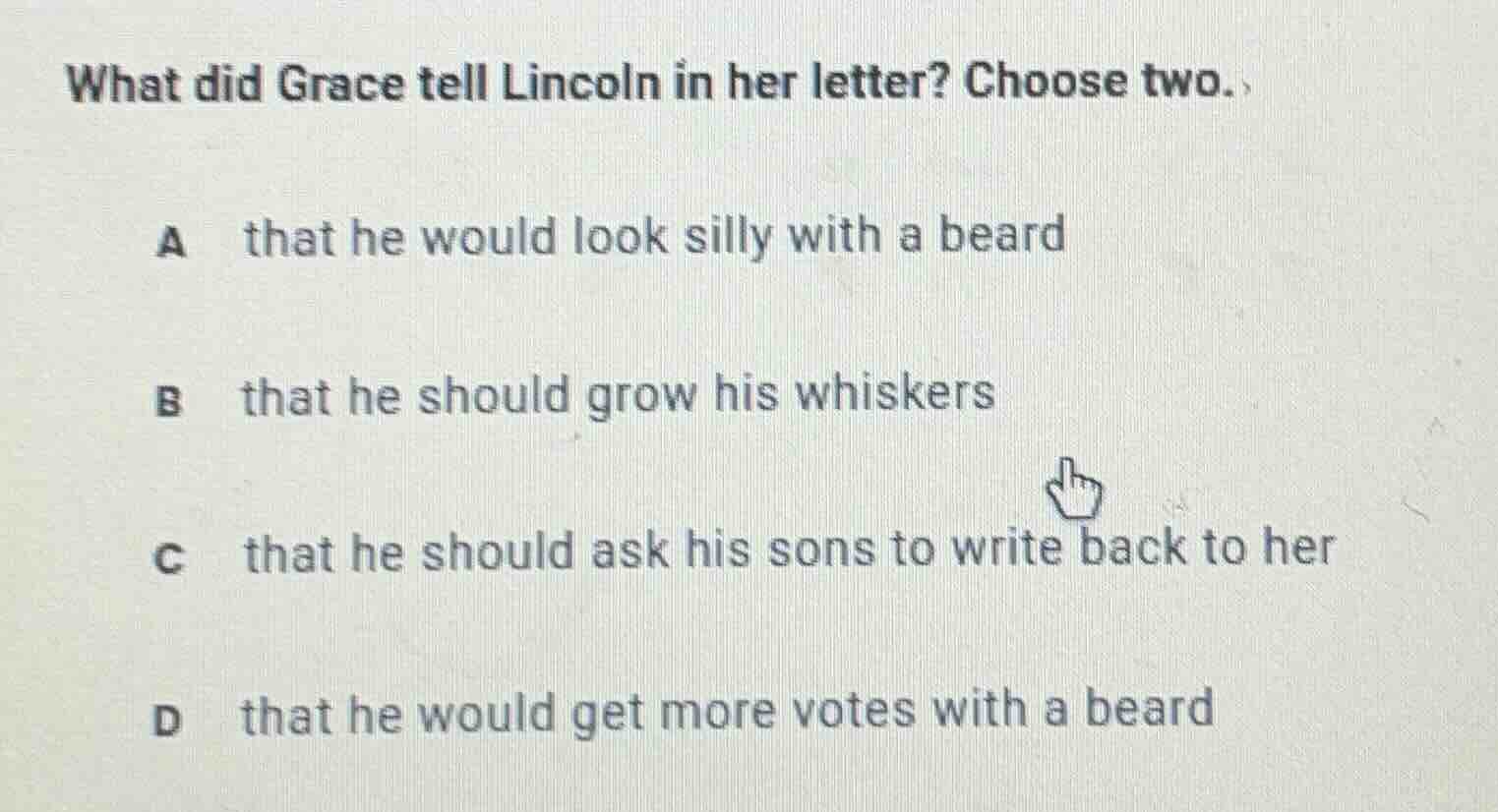 what did grace tell lincoln in her letter? choose two. a that he would …