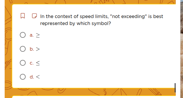 in the context of speed limits, ot exceeding\ is best represented by wh…