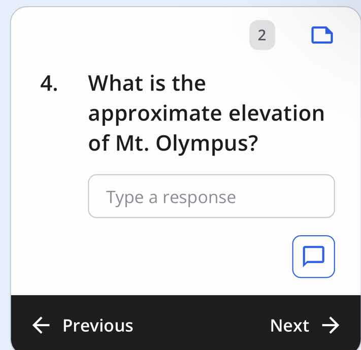 4. what is the approximate elevation of mt. olympus? type a response