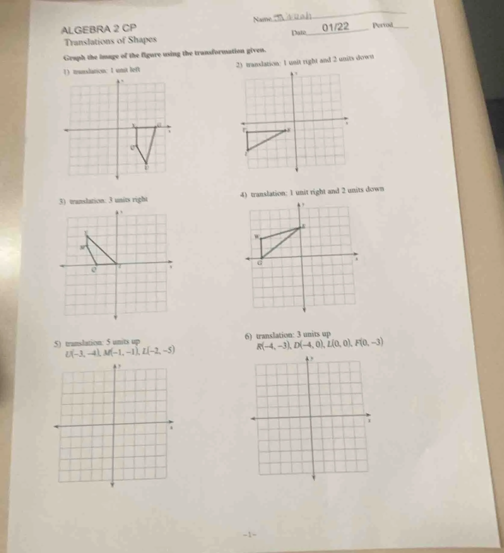 algebra 2 cp translations of shapes graph the image of the figure using…