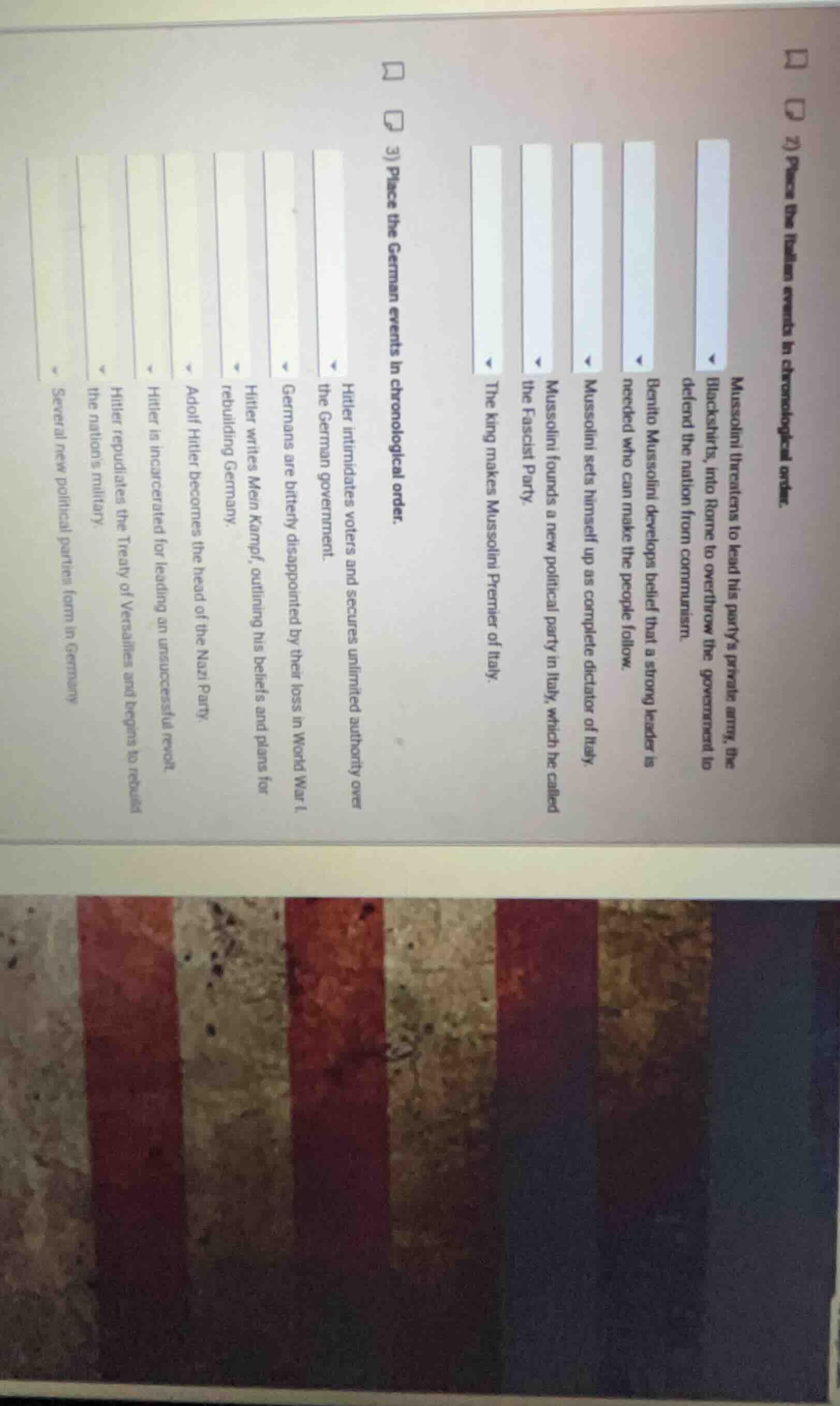 2) place the italian events in chronological order. mussolini threatens…