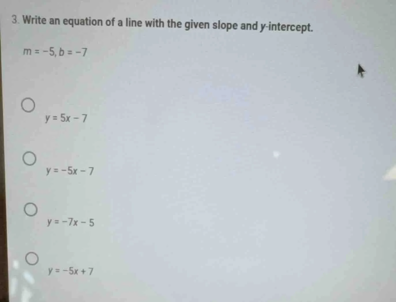 3. write an equation of a line with the given slope and y-intercept. $m…