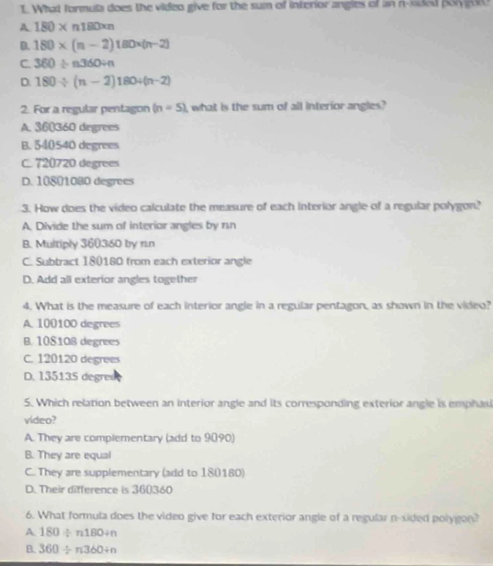 1. what formula does the video give for the sum of interior angles of a…