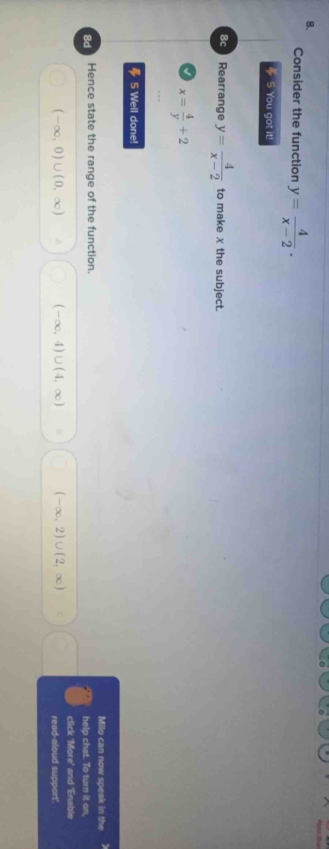 8. consider the function $y = \\frac{4}{x - 2}$. 8c rearrange $y = \\fr…