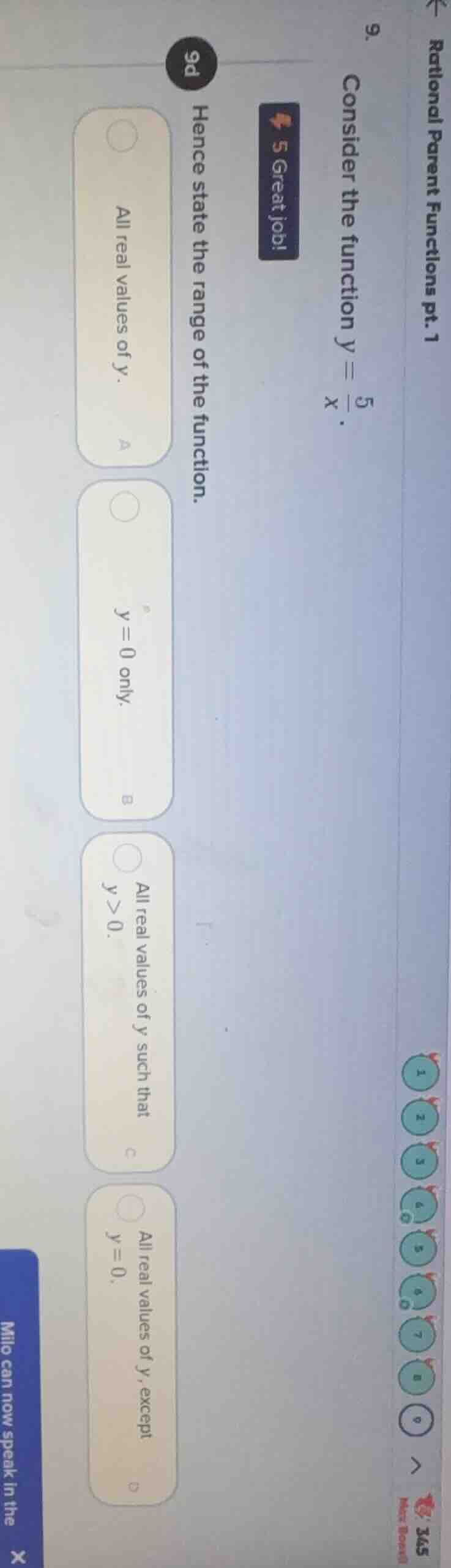 9. consider the function $y = \\frac{5}{x}$. hence state the range of t…