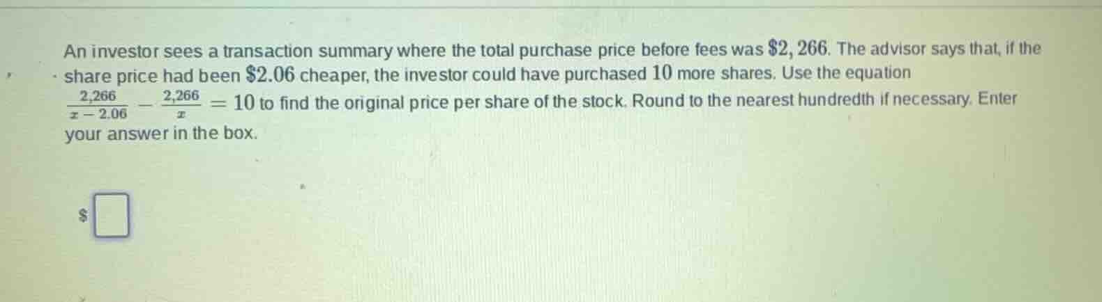 an investor sees a transaction summary where the total purchase price b…