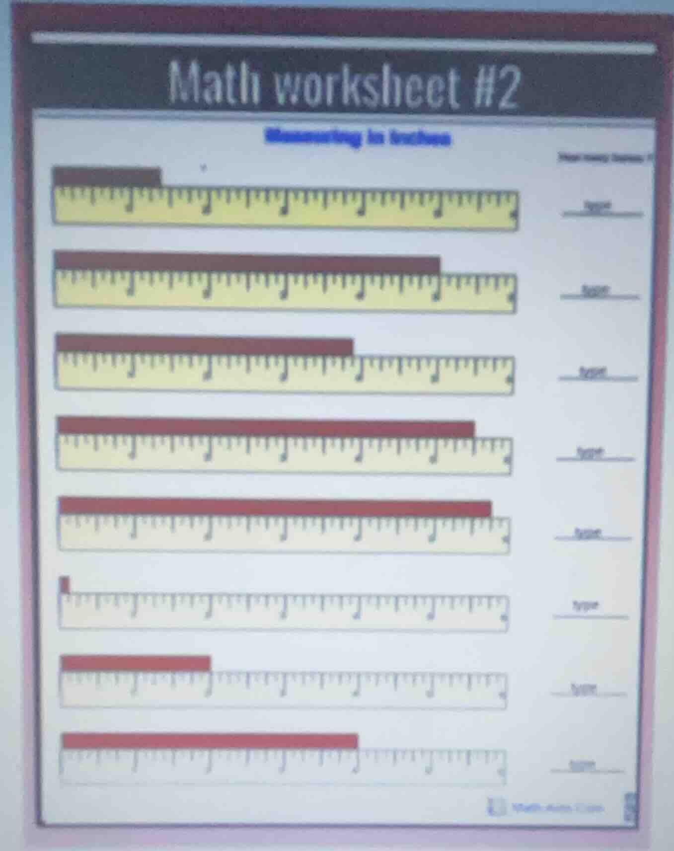 math worksheet #2 measuring in inches (there are several rulers with re…
