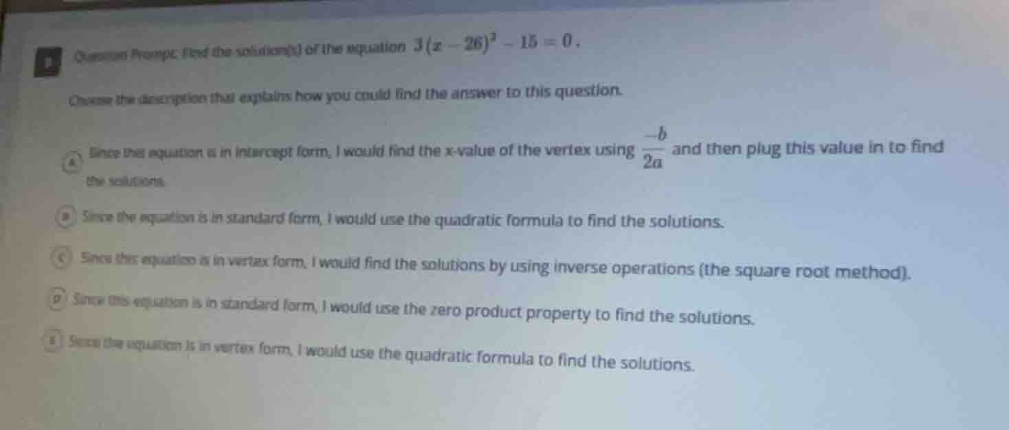 question prompt: find the solution(s) of the equation $3(x - 26)^2 - 15…