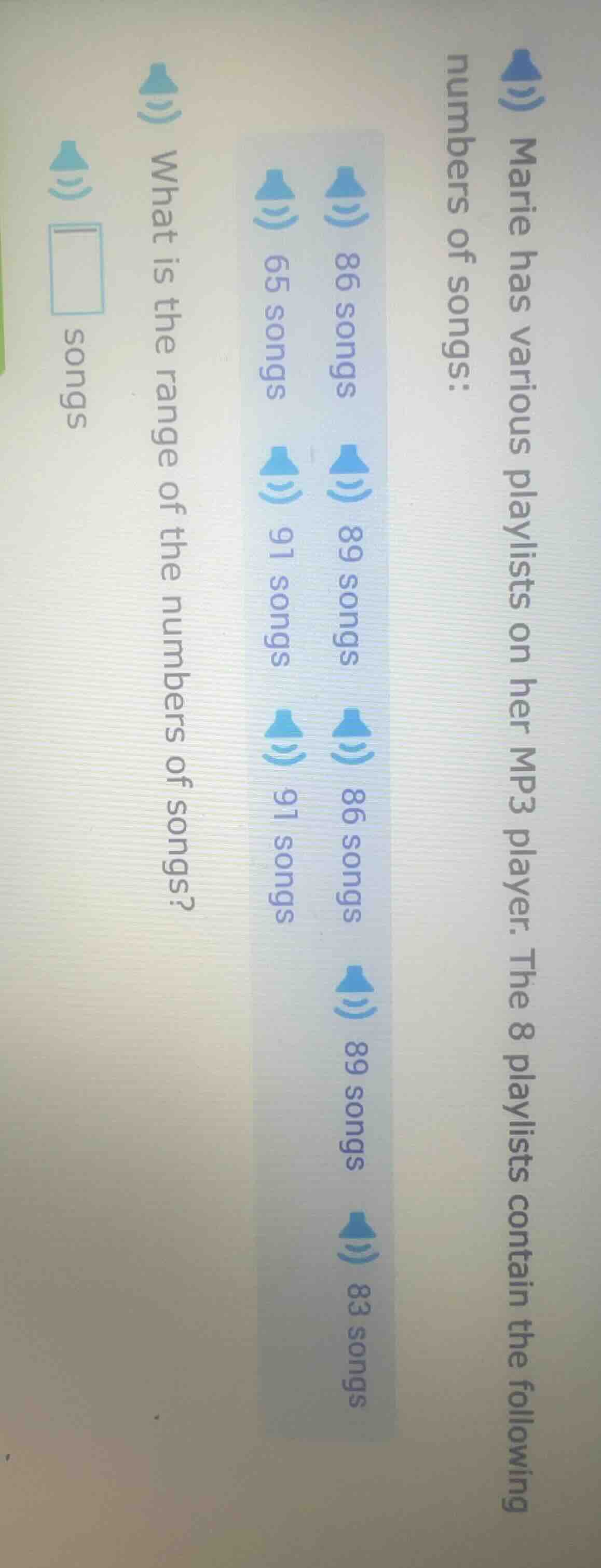 marie has various playlists on her mp3 player. the 8 playlists contain …