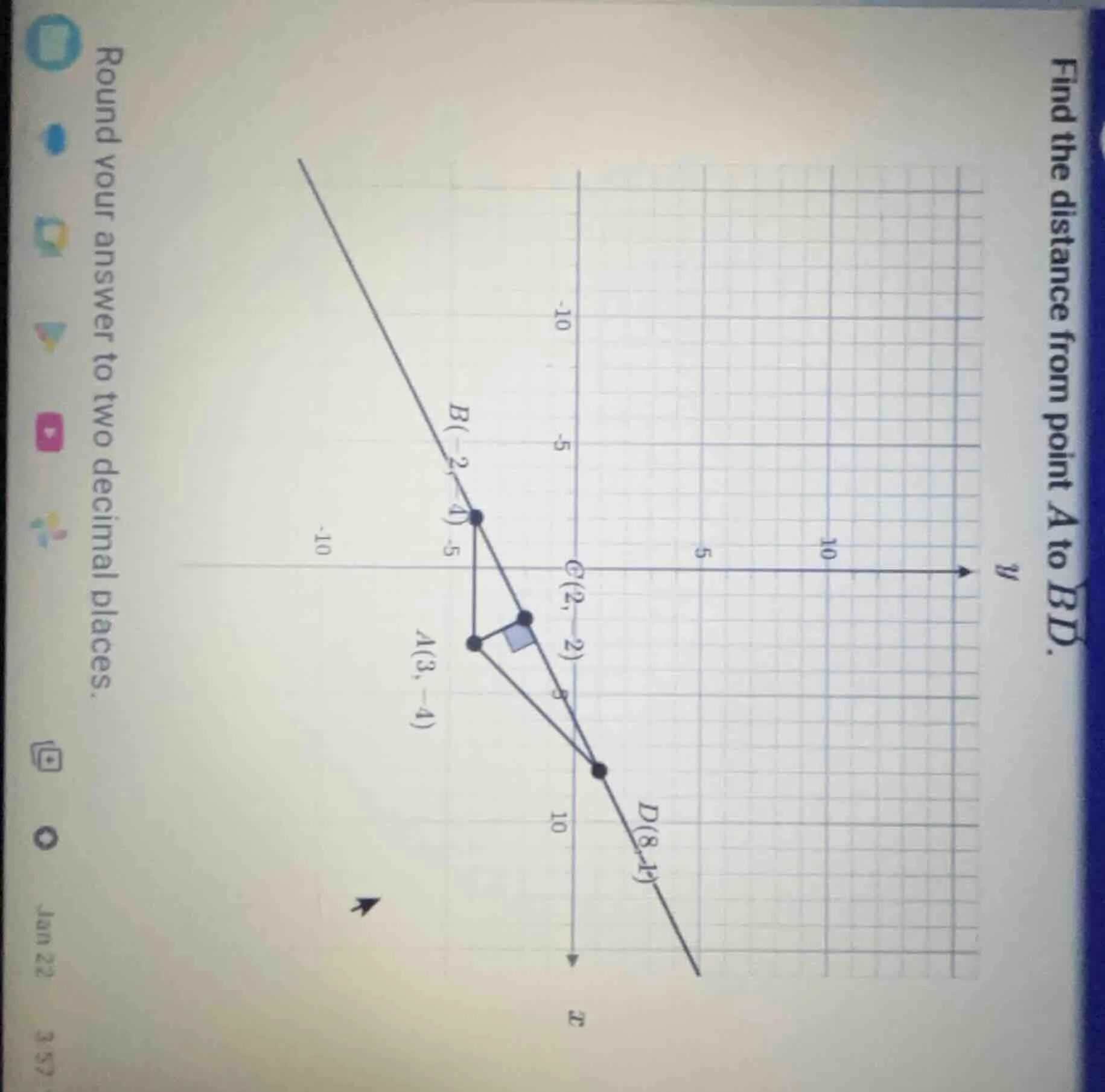 find the distance from point a to bd. round your answer to two decimal …