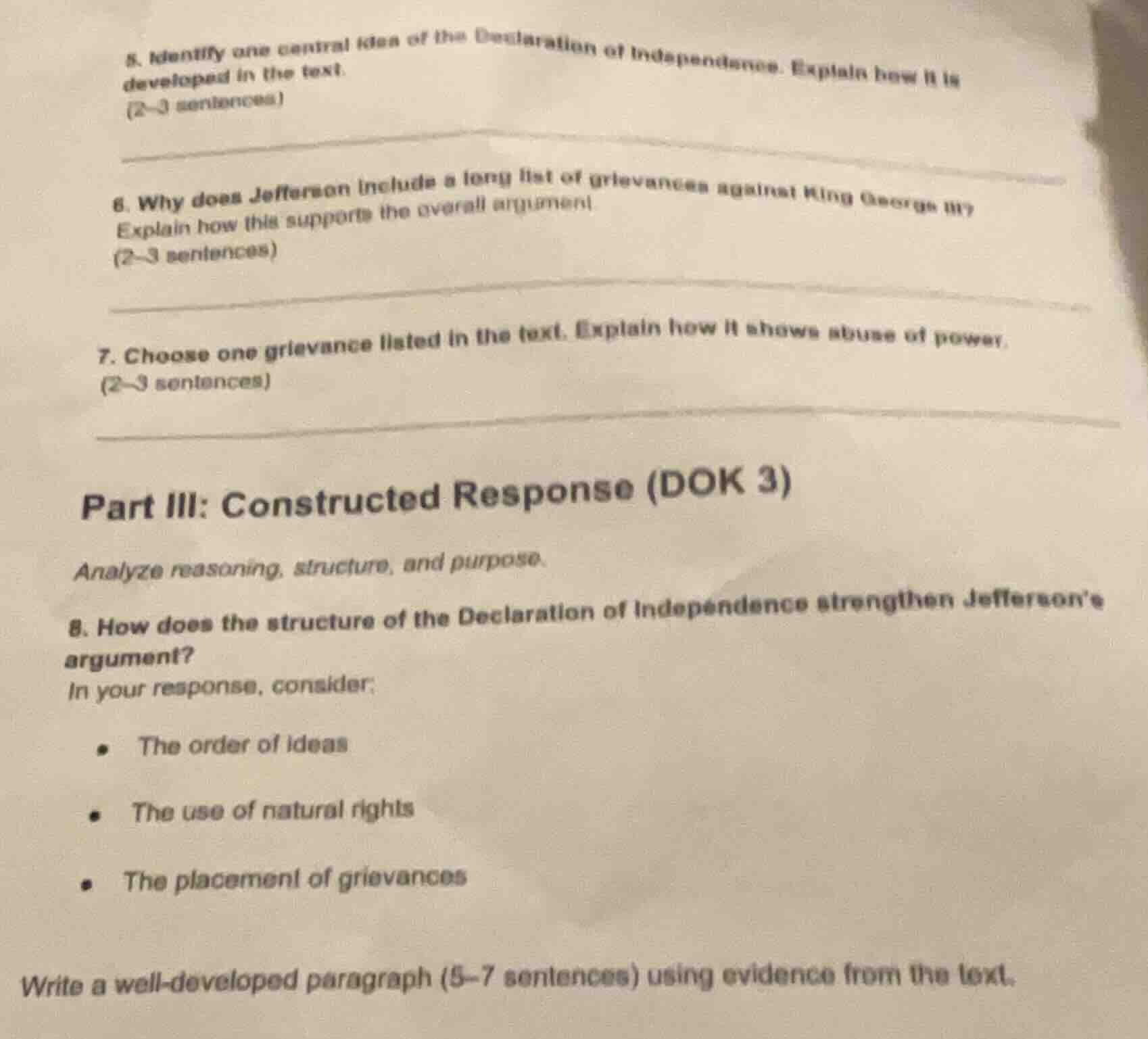 5. identify one central idea of the declaration of independence. explai…