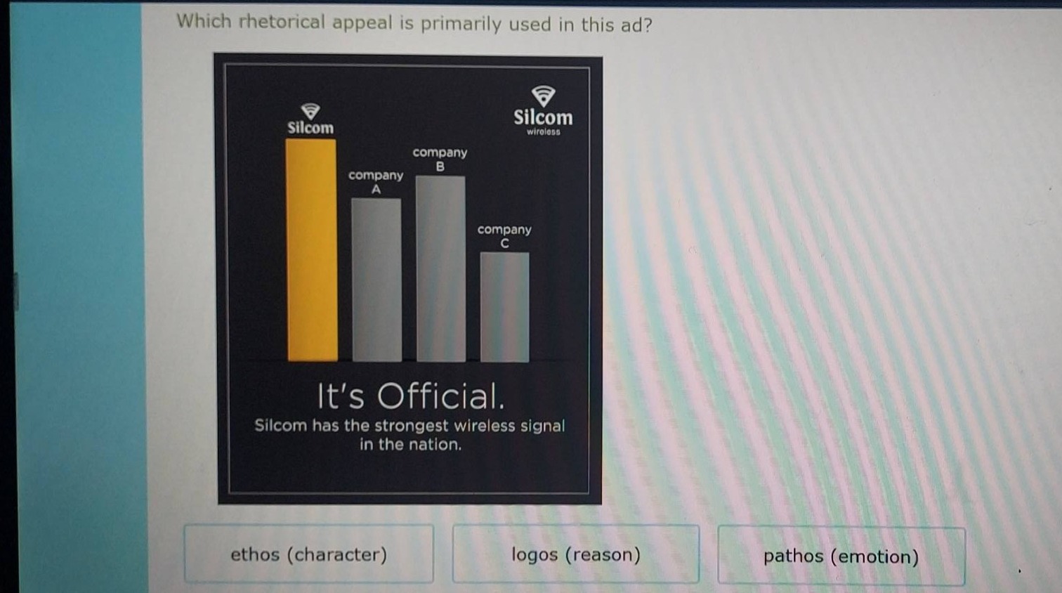 which rhetorical appeal is primarily used in this ad? its official. sil…