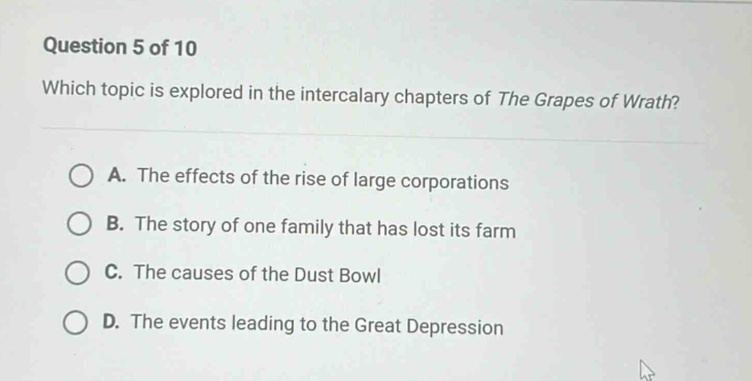 question 5 of 10 which topic is explored in the intercalary chapters of…