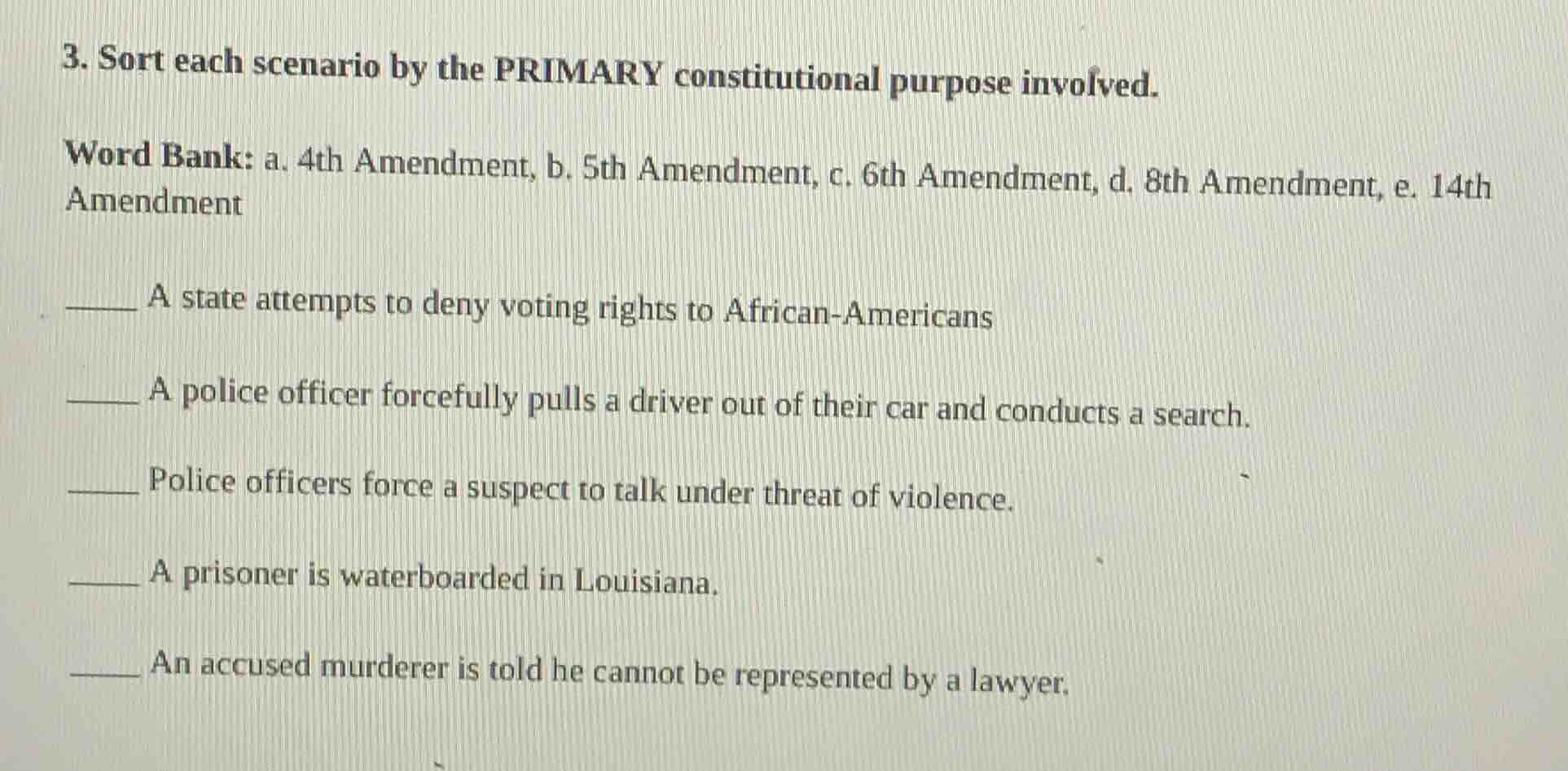 3. sort each scenario by the primary constitutional purpose involved. w…