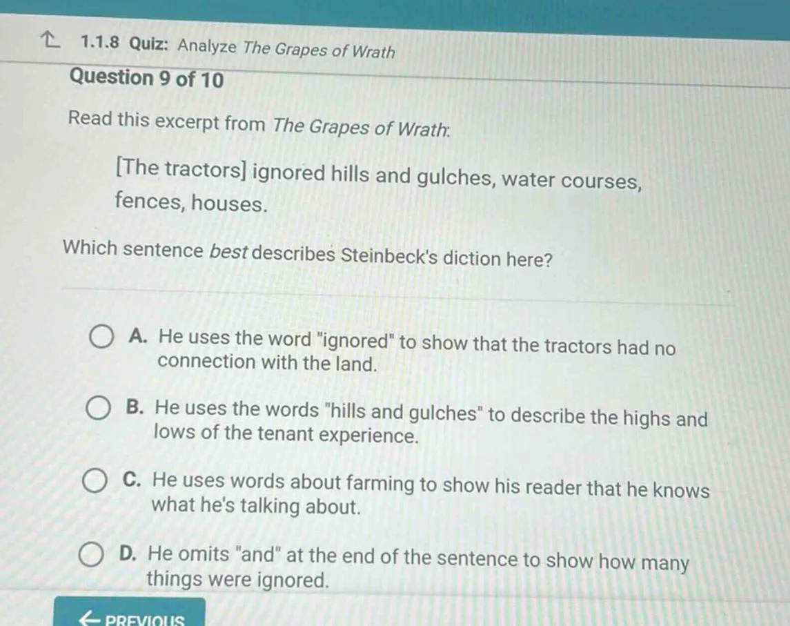 1.1.8 quiz: analyze the grapes of wrath question 9 of 10 read this exce…