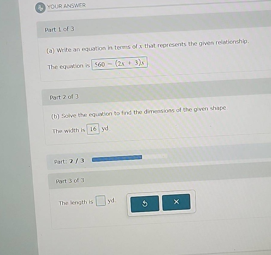your answer part 1 of 3 (a) write an equation in terms of x that repres…