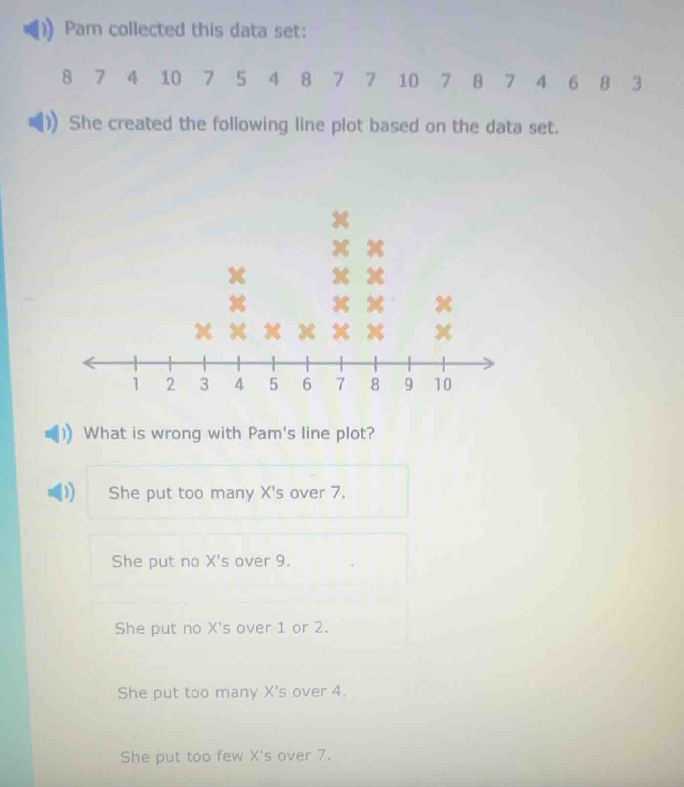 pam collected this data set: 8 7 4 10 7 5 4 8 7 7 10 7 8 7 4 6 8 3 she …