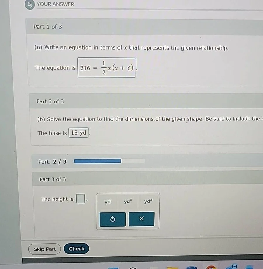 your answer part 1 of 3 (a) write an equation in terms of x that repres…