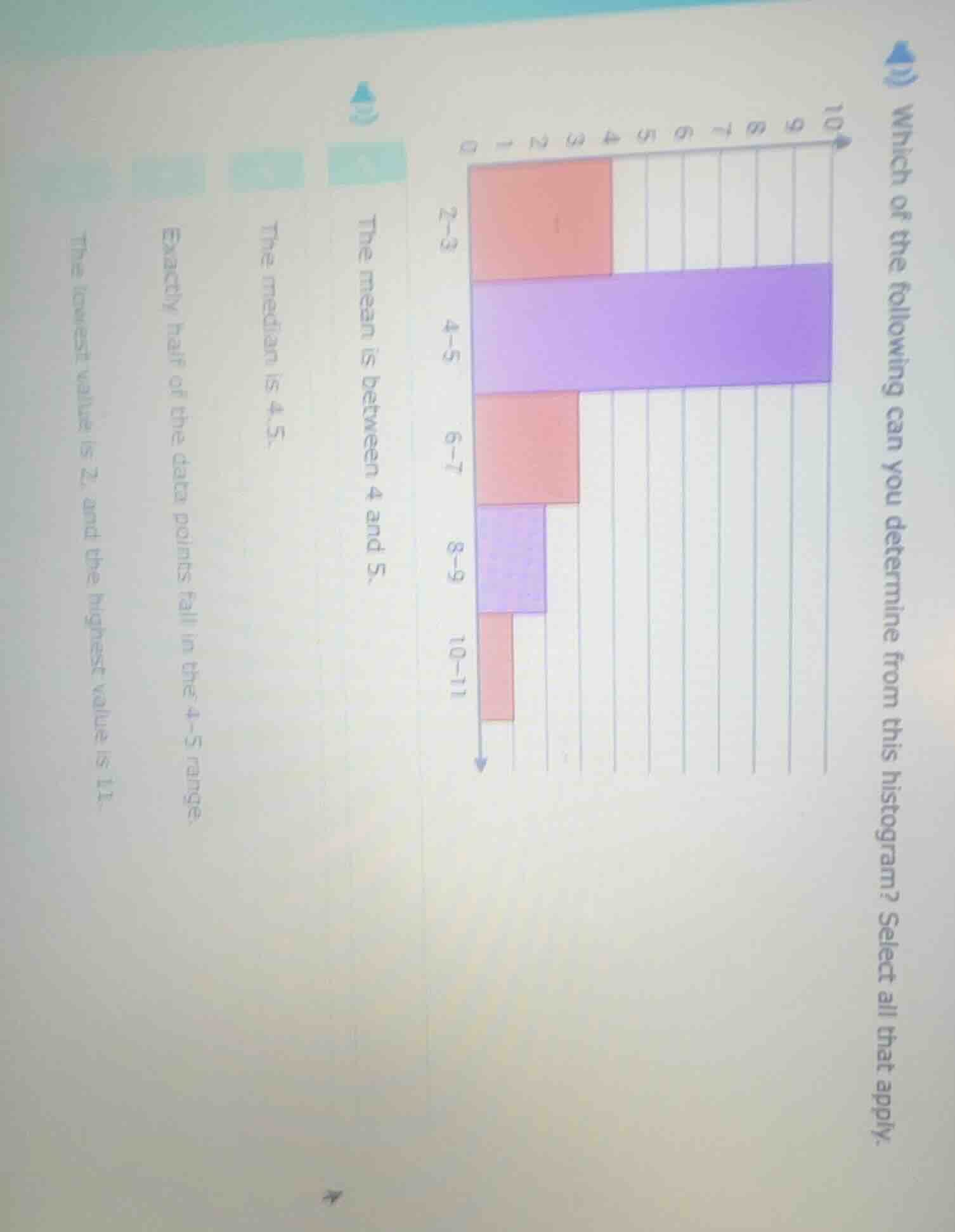 which of the following can you determine from this histogram? select al…